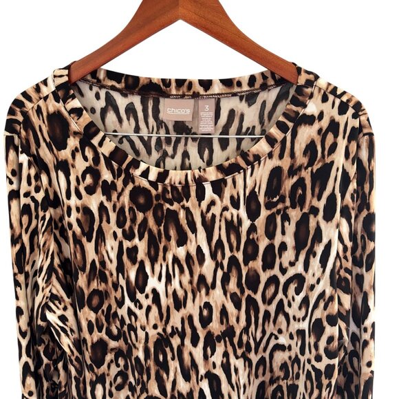Chico's Womens Leopard Long Sleeve Pullover Tunic Top Sz 3 XL Crew Neck Stretchy - Picture 2 of 6